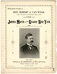 Jubilee March of Greater New York [cover de música de partitura], 1898 (litografia [cover de partituras musicais])